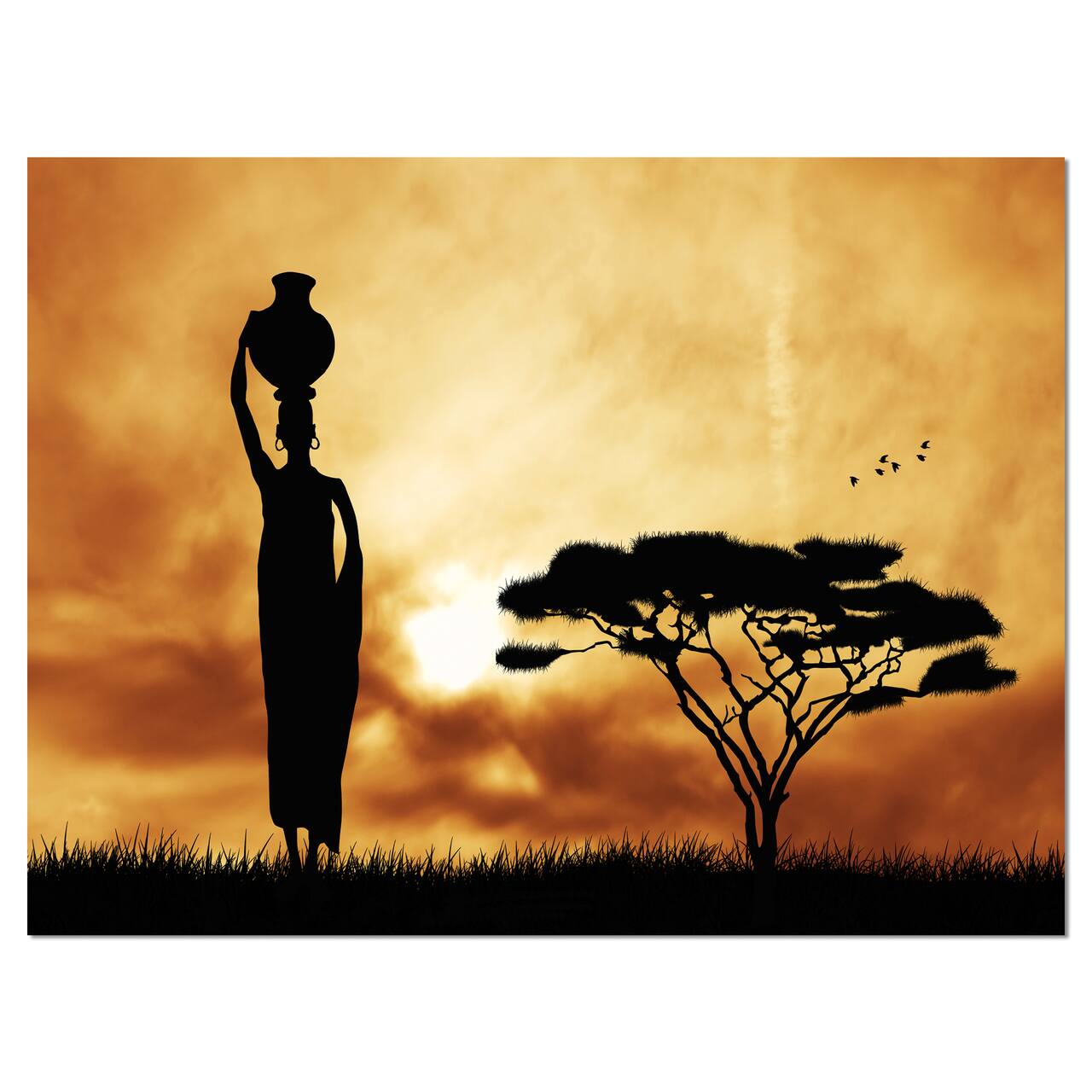 Designart - African Woman and Lonely Tree - African Landscape Canvas Art Print